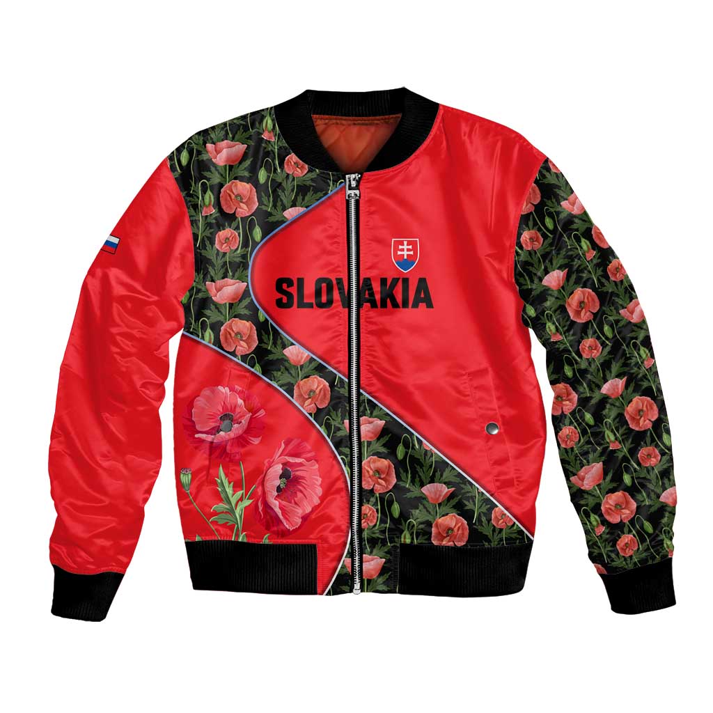 Slovakia Coat of Arms Bomber Jacket with Red Poppy Flowers and Bold Flag Colors Design - Wonder Print Shop