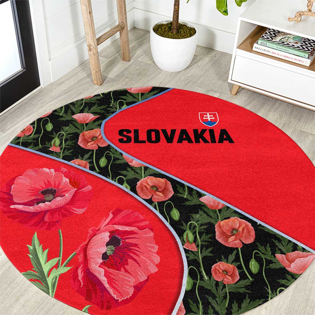 Slovakia Coat of Arms Round Carpet with Red Poppy Flowers and Bold Flag Colors Design - Wonder Print Shop