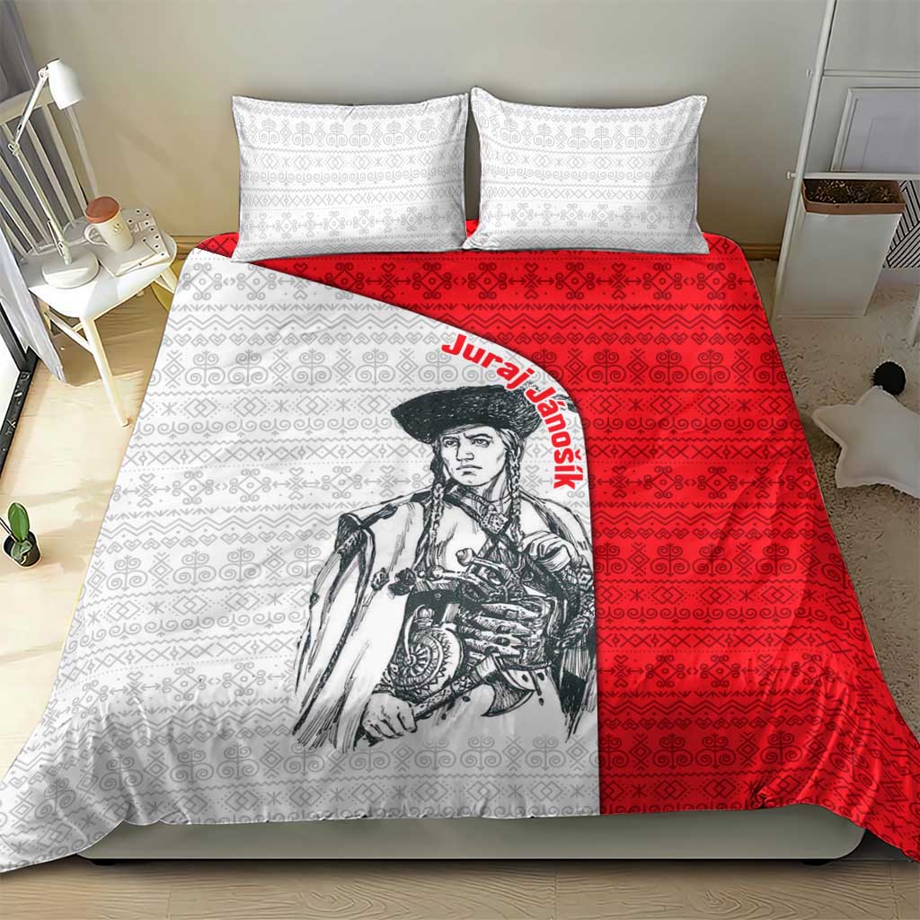 Red and white folk pattern bedding set with warrior artwork, two matching pillowcases