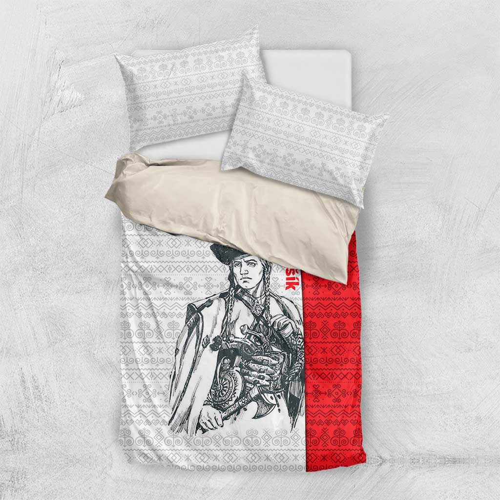 Red and white folk pattern duvet cover set with pillowcases, warrior illustration