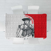 Folk-pattern tablecloth with red and white panels featuring a central figure design