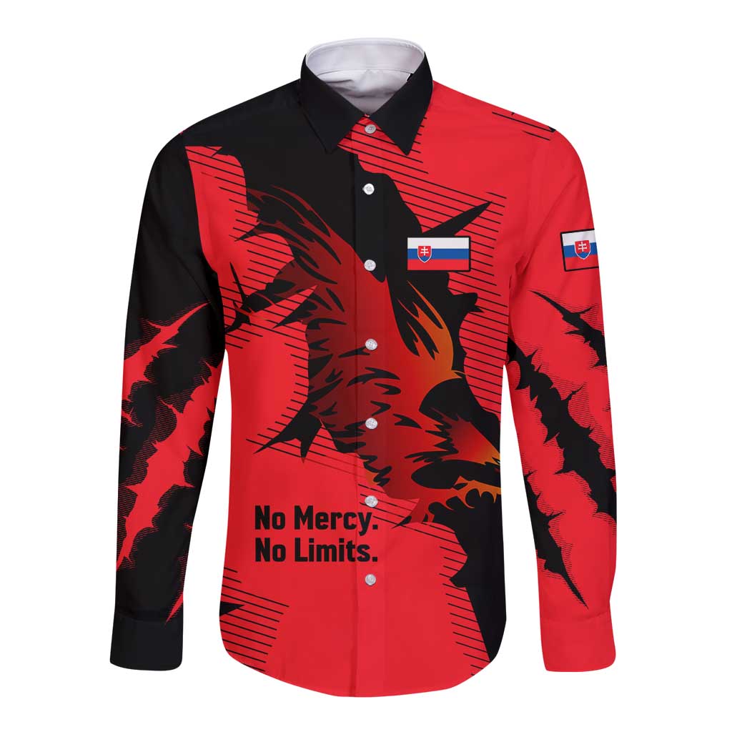 Red and black long-sleeve button shirt with falcon claw graphic and flag patches