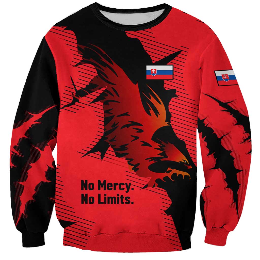 Unisex crewneck sweatshirt in red with black falcon graphic, Slovakia flag patch and text