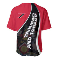 Red baseball jersey with black diagonal back panel and large Trinidad and Tobago text
