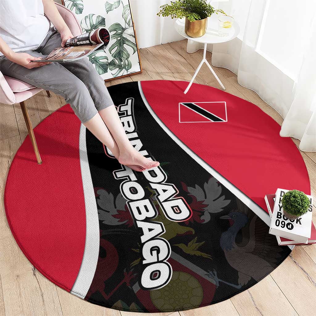 Round carpet with red circle, black diagonal center stripe, white border, Trinidad and Tobago crest