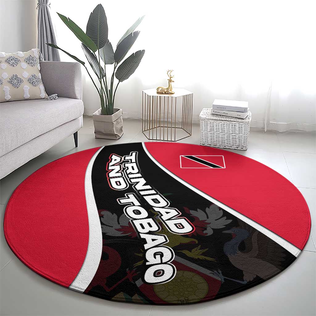 Round red-and-black carpet with white border and Trinidad and Tobago lettering