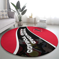 Round red-and-black carpet with white border and Trinidad and Tobago lettering