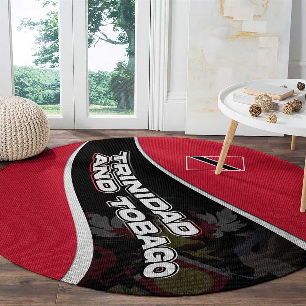 Round carpet with red field, black diagonal stripe, white border, Trinidad and Tobago crest