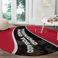 Round carpet with red field, black diagonal stripe, white border, Trinidad and Tobago crest