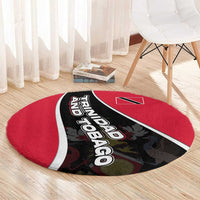 Round carpet with red edge, black diagonal stripe, white border, Trinidad and Tobago lettering
