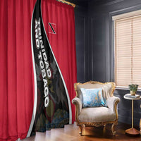Red window curtains with bold black-and-white diagonal crest graphic on one panel