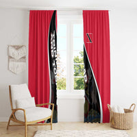 Red curtains with vertical header and black-and-white diagonal crest graphic