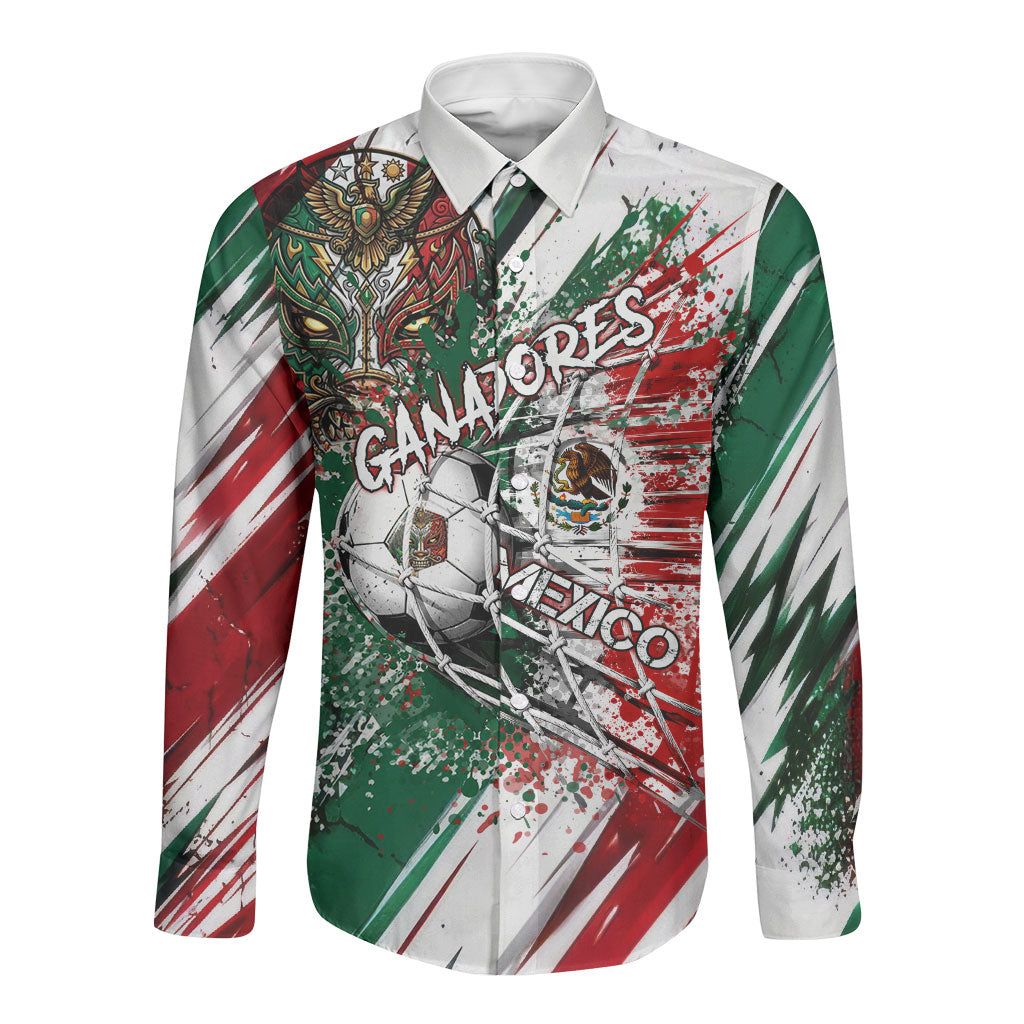 Personalized Mexico Football Ganadores Long Sleeve Button Shirt Aztec Jaguar Cultural Heritage Soccer Art