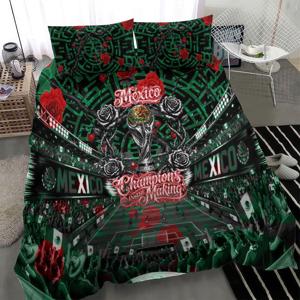 Mexico Football Golden Eagle Champions Bedding Set Aztec Geometric Pattern Red Rose