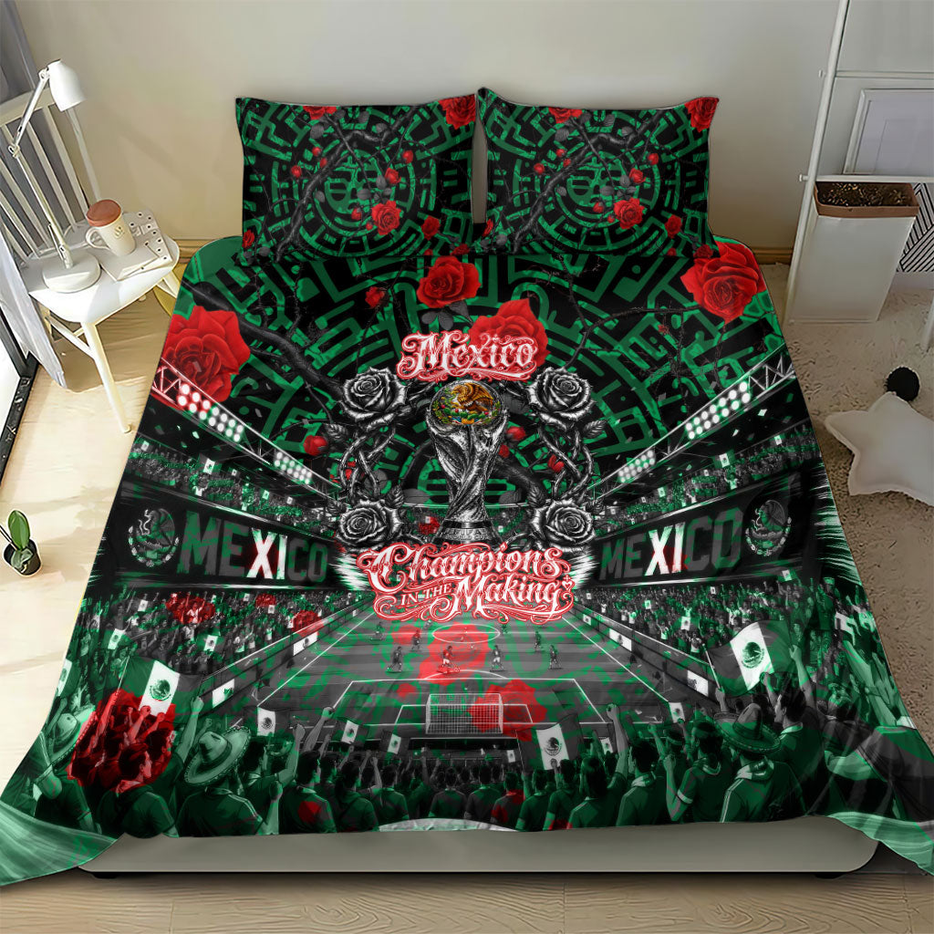 Mexico Football Golden Eagle Champions Bedding Set Aztec Geometric Pattern Red Rose