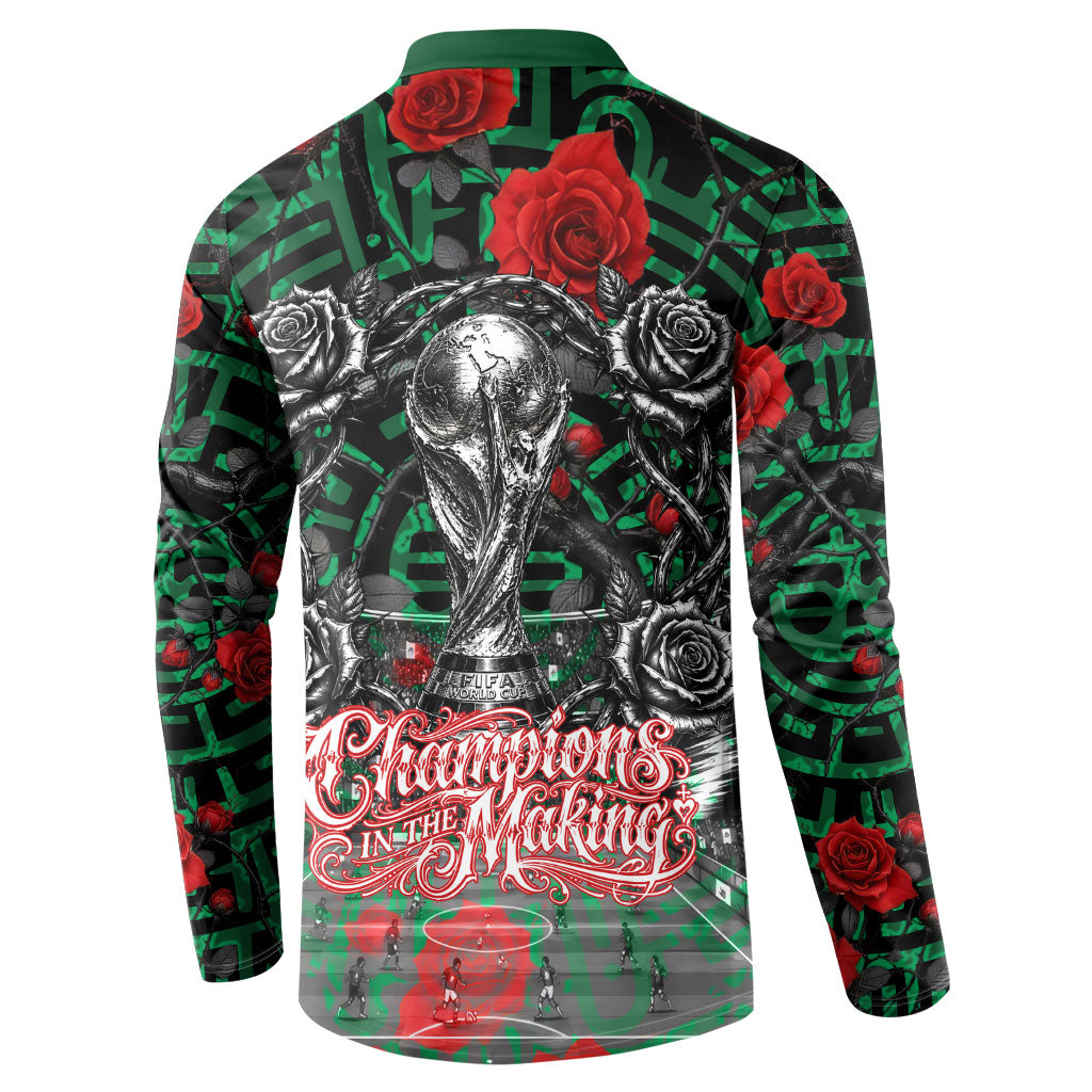Mexico Football Golden Eagle Champions Button Sweatshirt Aztec Geometric Pattern Red Rose