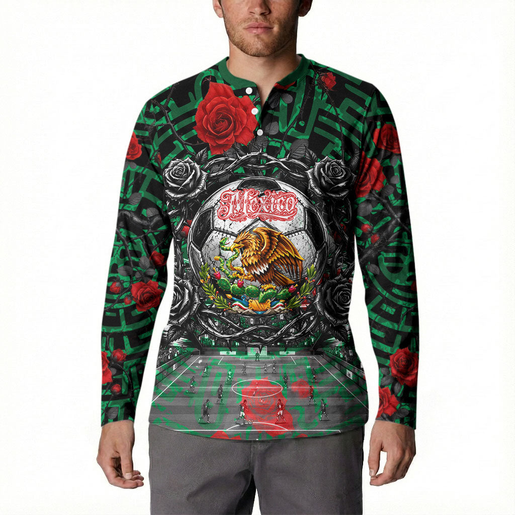 Mexico Football Golden Eagle Champions Button Sweatshirt Aztec Geometric Pattern Red Rose