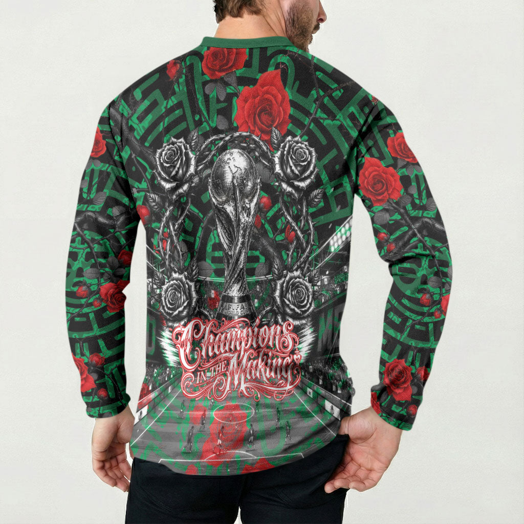 Mexico Football Golden Eagle Champions Button Sweatshirt Aztec Geometric Pattern Red Rose