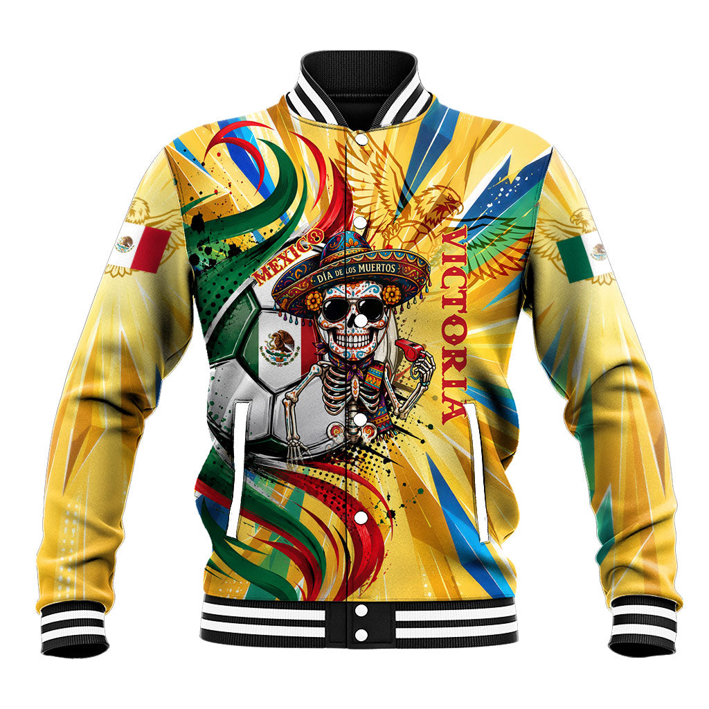 Personalized Mexico Football Victoria Sugar Skull Baseball Jacket Dia De Los Muertos Cultural Art Sunburst