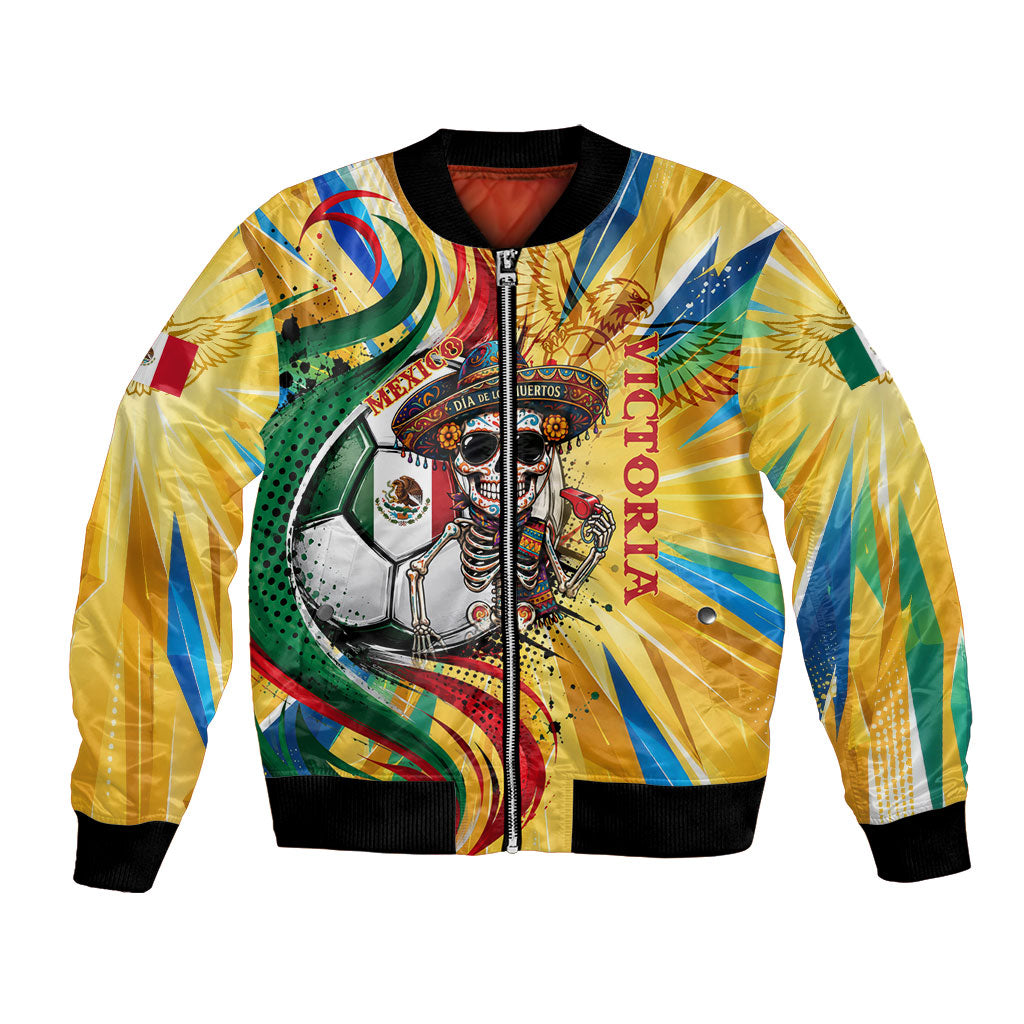 Personalized Mexico Football Victoria Sugar Skull Bomber Jacket Dia De Los Muertos Cultural Art Sunburst