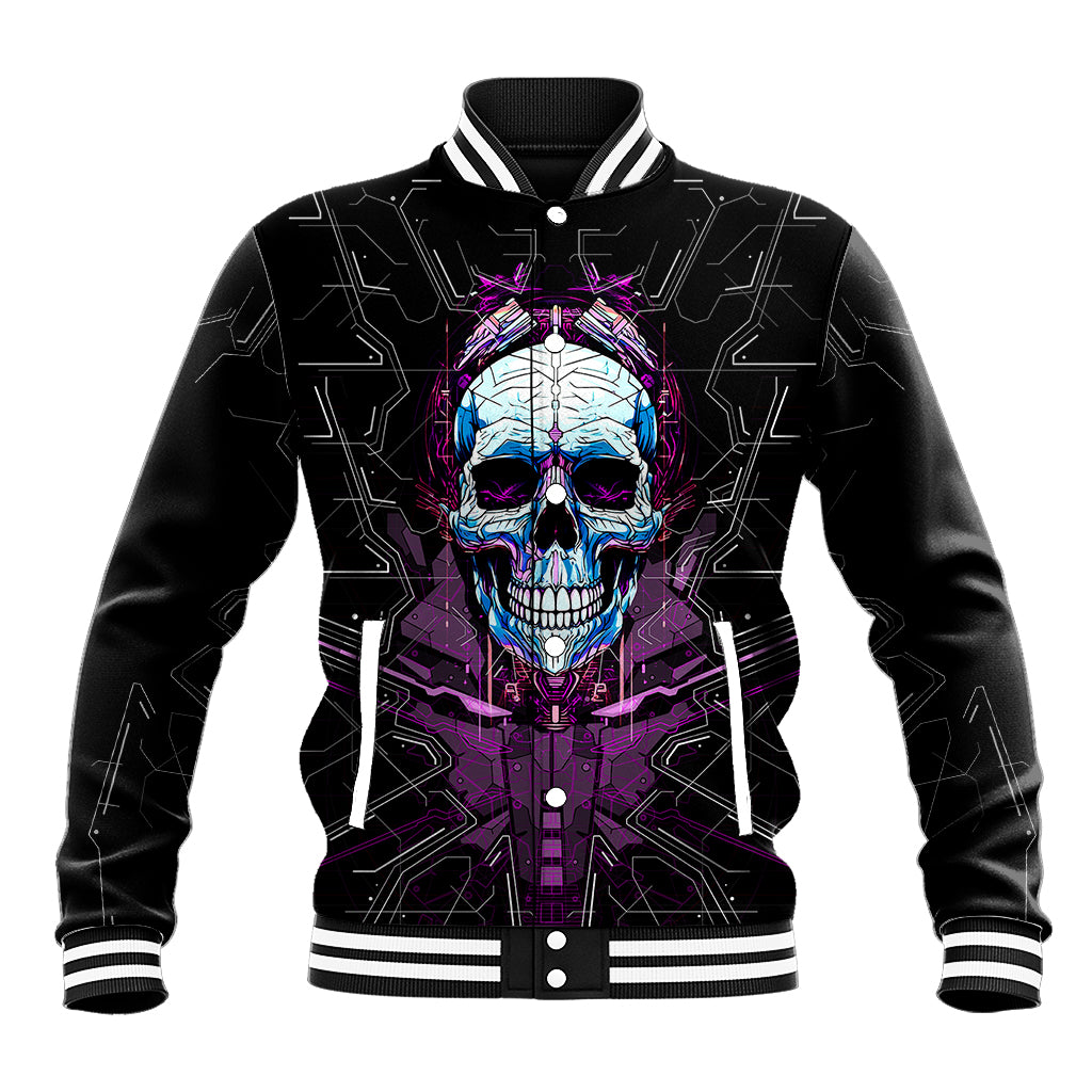 Black baseball jacket, ribbed trim, front button placket with colorful skull artwork
