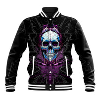 Black baseball jacket, ribbed trim, front button placket with colorful skull artwork