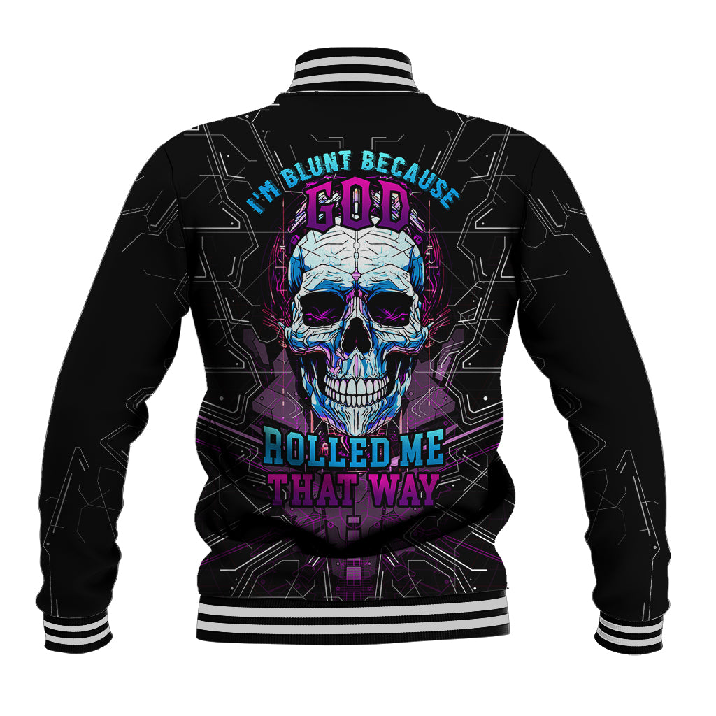 Black baseball jacket, ribbed collar and cuffs, colorful skull graphic on back