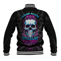 Black baseball jacket, ribbed collar and cuffs, colorful skull graphic on back