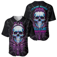 Black baseball jerseys shown front and back with large skull artwork in purple and blue