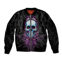 Unisex black bomber jacket with front skull graphic and full zipper, ribbed cuffs