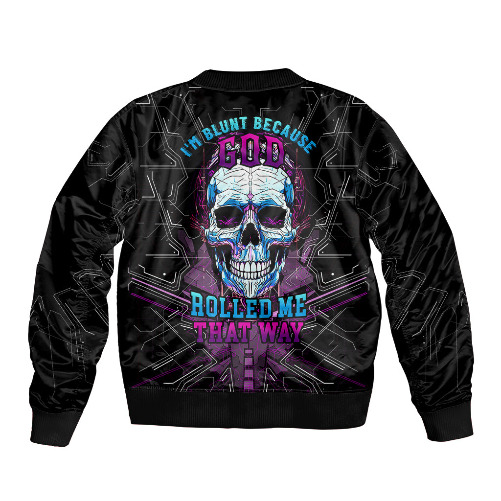 Unisex black bomber jacket with colorful skull graphic on back, ribbed hem