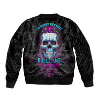 Unisex black bomber jacket with colorful skull graphic on back, ribbed hem