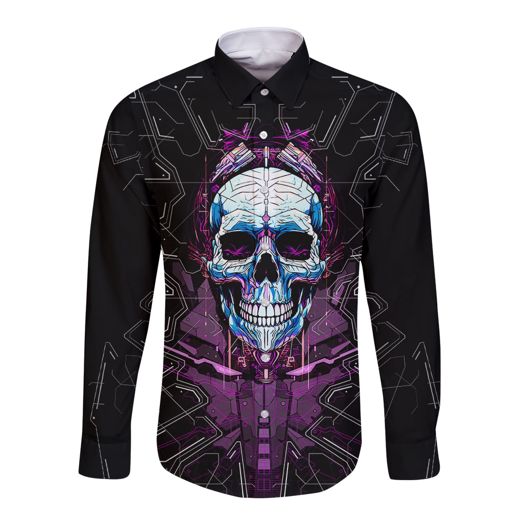 Black long-sleeve button shirt with colorful skull graphic on front