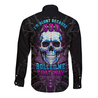 Black long-sleeve button shirt with large colorful skull graphic on back