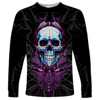 Black long sleeve T-shirt with centered neon skull face, circuit pattern, crew neck
