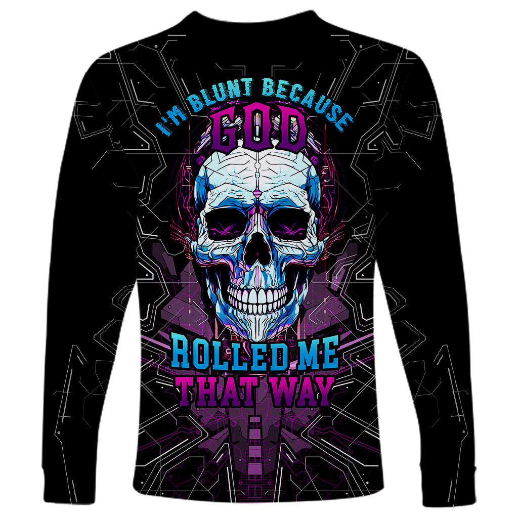 Black unisex long sleeve T-shirt with neon skull graphic and circuit lines on front