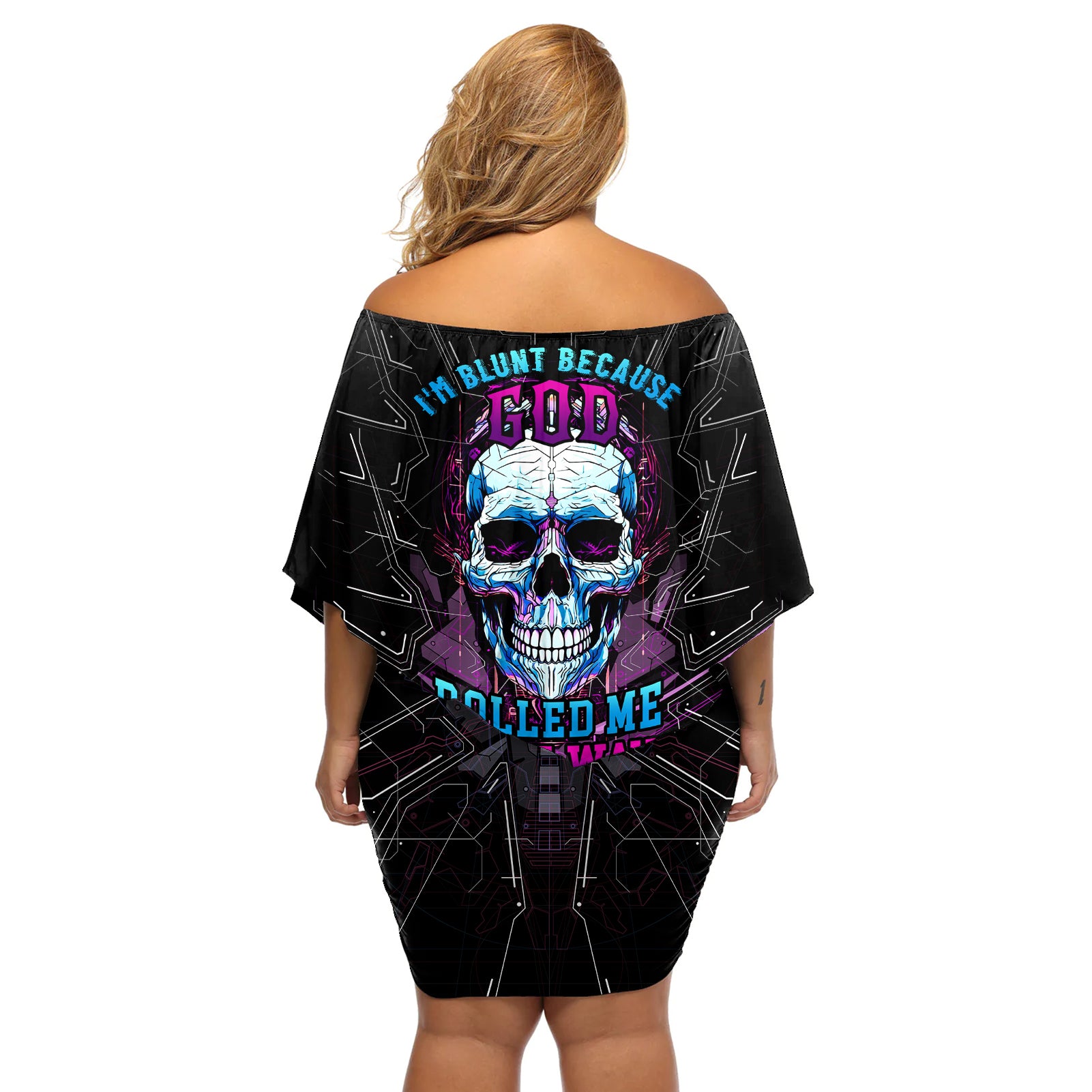 Technology Skull Off Shoulder Short Dress I'm blunt because God rolled me that way - Wonder Print Shop