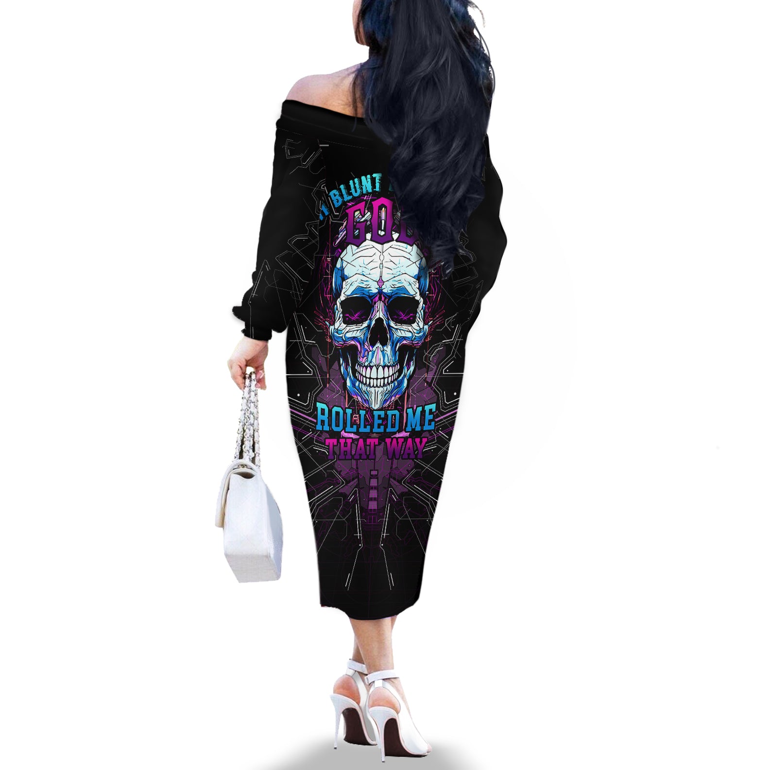 Technology Skull Off The Shoulder Long Sleeve Dress I'm blunt because God rolled me that way - Wonder Print Shop