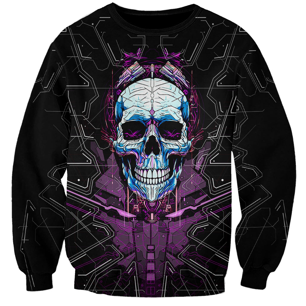 Black unisex sweatshirt with detailed neon skull face and purple circuit lines