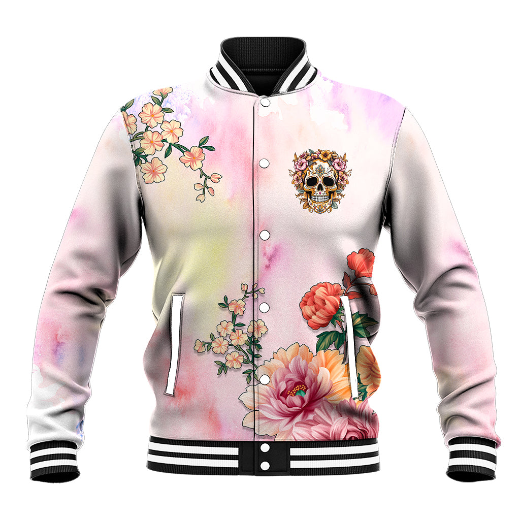 Gradient baseball jacket, front view: floral skull on chest, button-up with striped collar