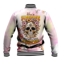 Gradient baseball jacket, back view: floral skull graphic with bold Sunshine and Hurricane text