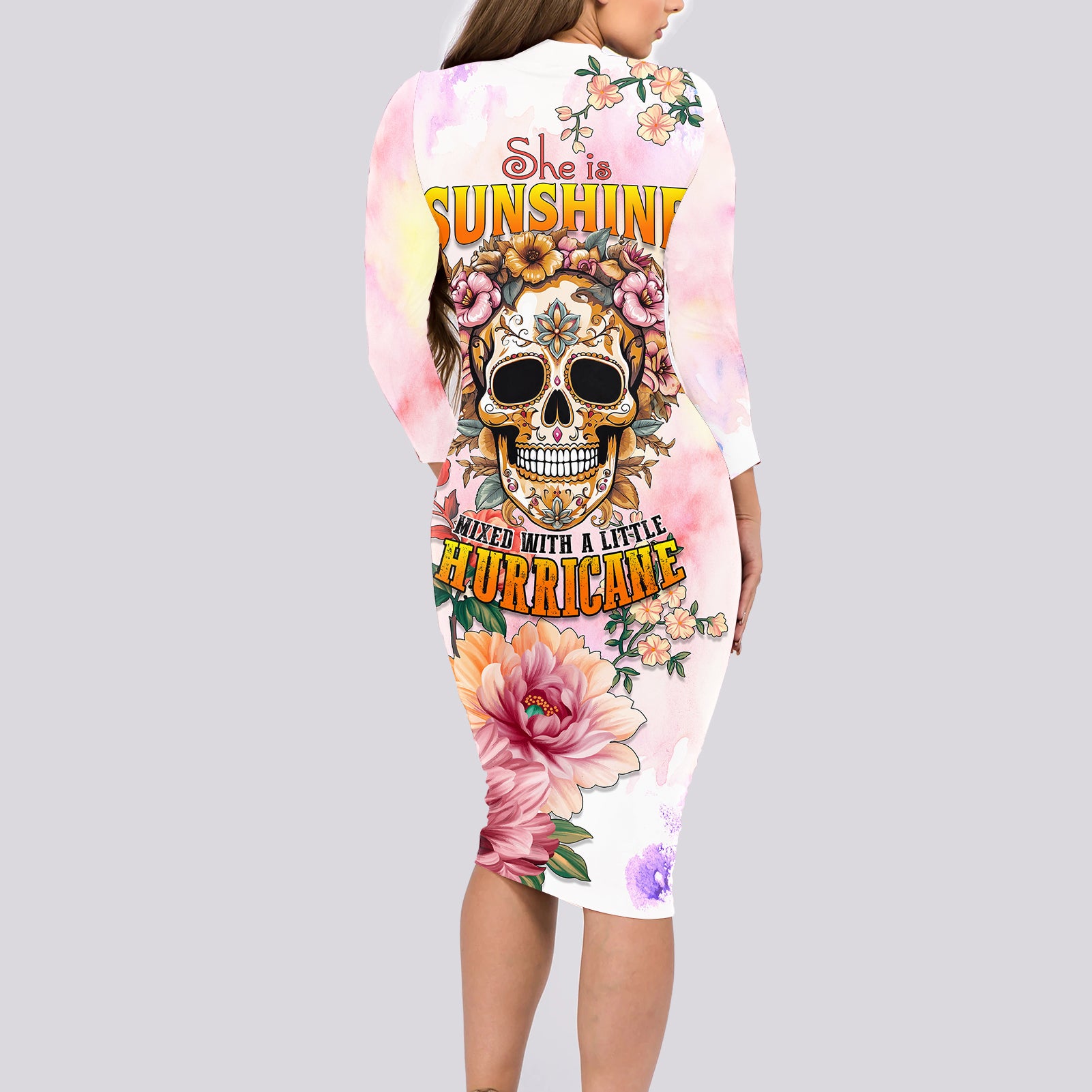 Flower Skull Long Sleeve Bodycon Dress She Is Sunshine Mixed With A Little Hurricane - Wonder Print Shop