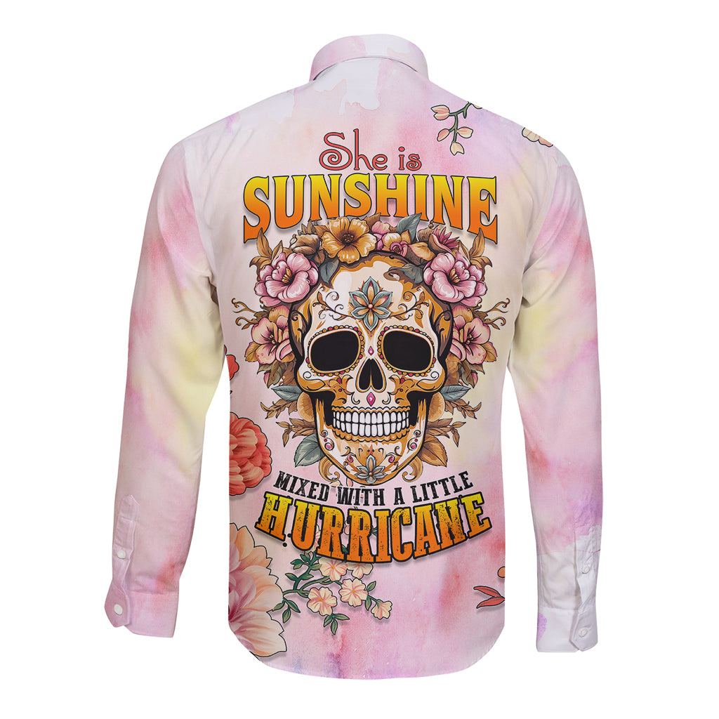 Flower Skull Long Sleeve Button Shirt She Is Sunshine Mixed With A Little Hurricane - Wonder Print Shop