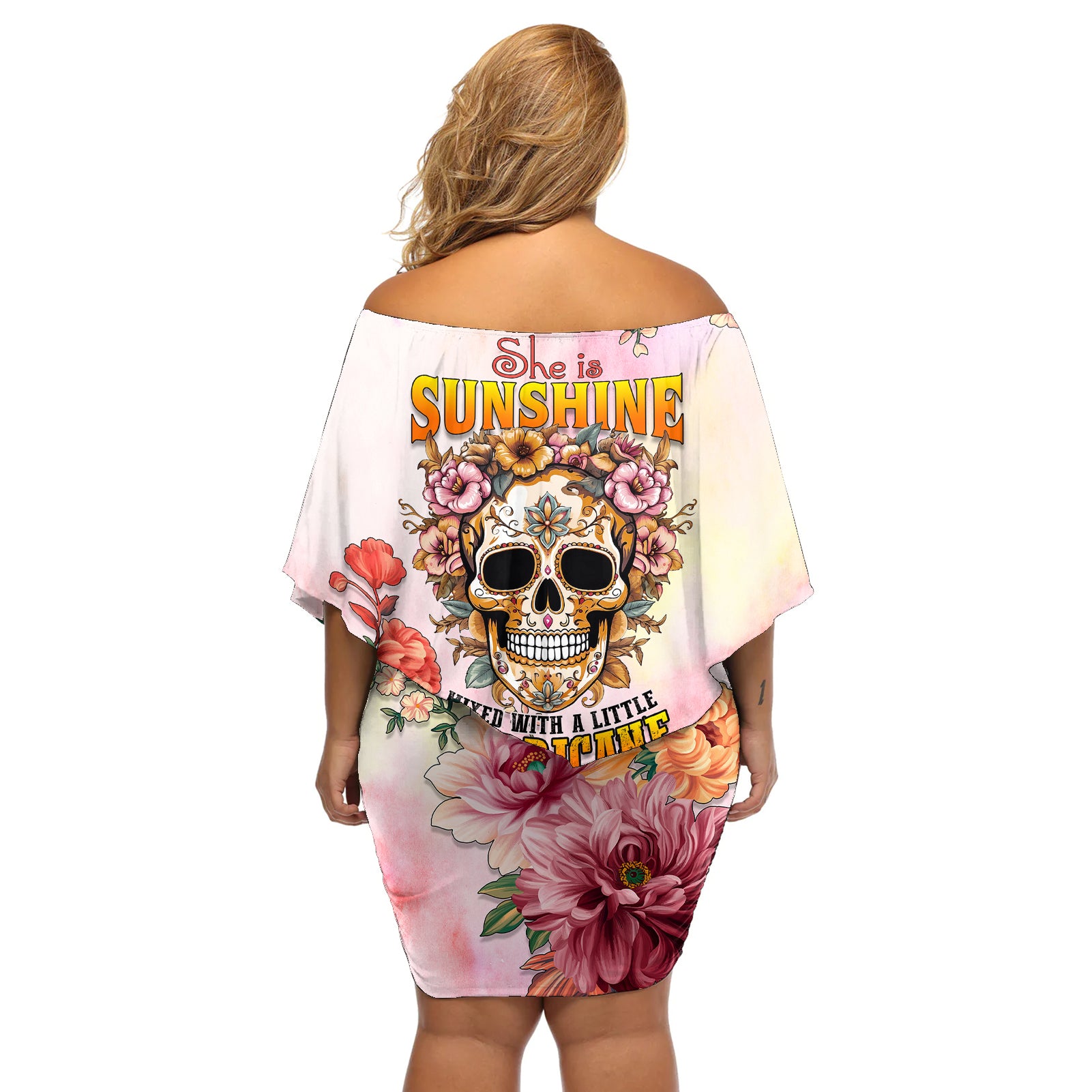 Flower Skull Off Shoulder Short Dress She Is Sunshine Mixed With A Little Hurricane - Wonder Print Shop