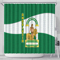 Green and white flag shower curtain with vertical "ANDALUSIA" text and central emblem