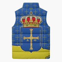 Sleeveless puffer vest, back graphic with crown and cross emblem, blue and yellow panels