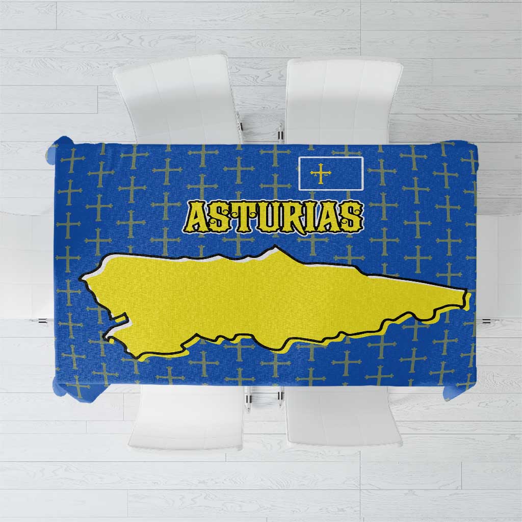 Asturias flag tablecloth, blue with yellow Asturias map and cross pattern design