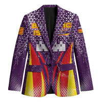 Purple graphic blazer with colorful flag crest, notch lapels, button front