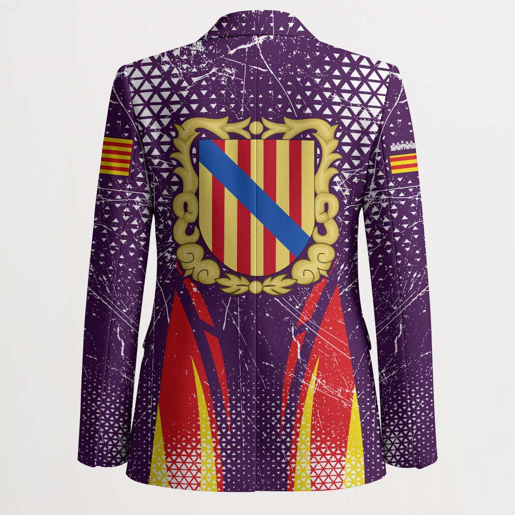 Purple graphic blazer back view with large crest emblem, long sleeves