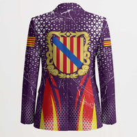 Purple graphic blazer back view with large crest emblem, long sleeves